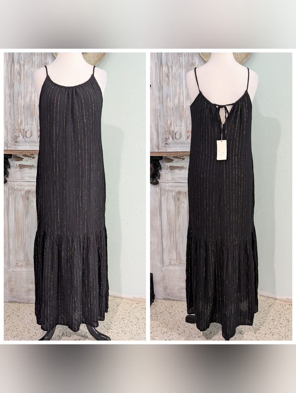 NWT A New Day Black Maxi Dress, Metallic Gold Stripes